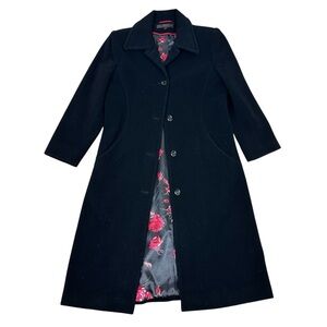 Via Spiga Black Wool Pea Coat with Red Floral Lining